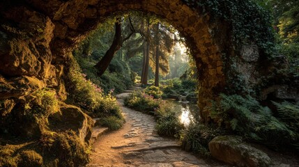 Golden sunlight streams through a stone archway covered in green ivy plants. A winding stone path leads into a dreamy garden. Bright light illuminates