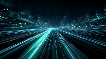 Ultra-Fast Data Transmission with Fiber Optic Light Beams, Futuristic Digital Highway Visualization, Glowing Data Streams, and High-Tech Network Infrastructure.
