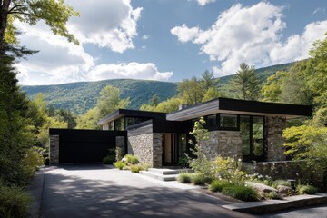 This contemporary house is nestled in a serene natural landscape, offering stunning views of the mountains, all while being enveloped by lush trees beneath a dramatic cloudy sky