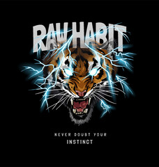 raw habit slogan with tiger and thunder both vector illustration - drawn by hand