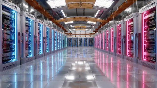 Data Center Modernity: An expansive data center, aglow with a spectrum of colored lights, showcasing the complexity of technology infrastructure