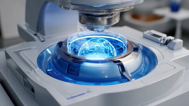Advanced Scientific Apparatus: Intricate machine features a glowing blue sphere, suggesting groundbreaking research and technological innovation, perfect for science and technology based project