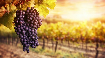 Sun kissed ripe grapes cascading in a vibrant vineyard