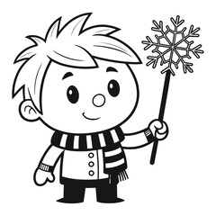 Cute Winter Boy Holding Snowflake Wand – Adorable Cold Season Line Art Illustration in Black and White