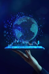Global stock market data on tablet held by hand blue digital world globe with financial chart currency symbols technology concept dark background