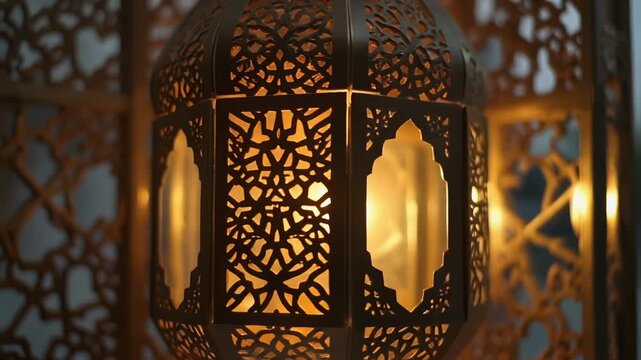 Warmly lit traditional Islamic lantern with intricate Moroccan patterns casting a beautiful glow, perfect for Ramadan and cultural celebration ambiance