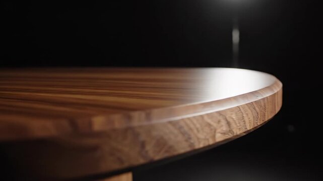 Dramatic studio lighting slowly pans across the sleek surface of a rich, empty wooden display platform highlighting the fine texture against a deep blurred backdrop design, abstract, fine