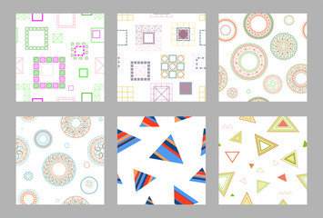Seamless pattern of geometric shapes. Bright seamless pattern. Set of 6 patterns. Design for fabric