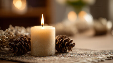 Lit decorative candle with pinecones on rustic woven fabric in warm cozy setting