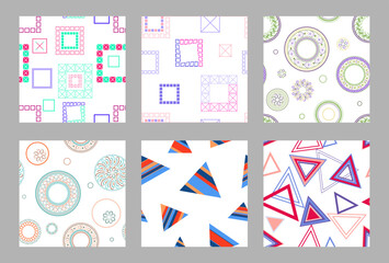 Seamless pattern of geometric shapes. Bright seamless pattern. Set of 6 patterns. Design for fabric, wrapping paper