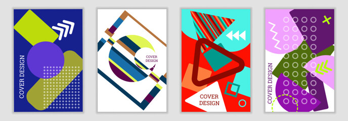 A vibrant Memphis-style background. A set of four geometric cover designs. Trendy, vibrant covers, banners, posters, and vibrant brochures.