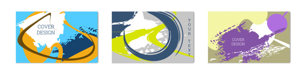 Paint strokes and geometric elements. Set of 3 backgrounds. Notebook or notebook cover design. Unusual creative background.