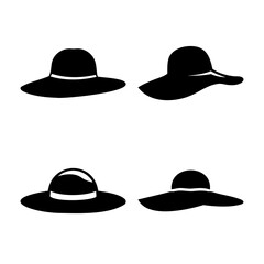Different black wide-brimmed sun hat silhouettes and icons