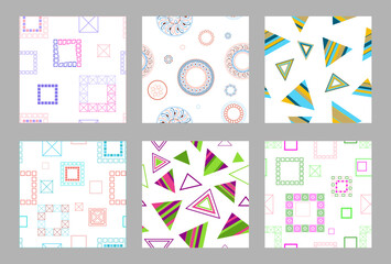 Seamless pattern of geometric shapes.  Set of 6 patterns. Design for fabric, wallpaper, wrapping paper