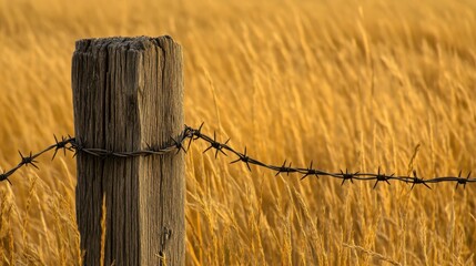 Weathered wooden post with barbed wire against a golden field