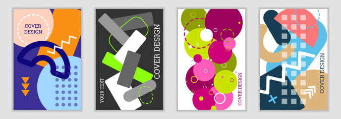 A vibrant Memphis-style background. A set of four geometric cover designs. Trendy, vibrant covers, banners, posters, and vibrant brochures. Vector graphics.