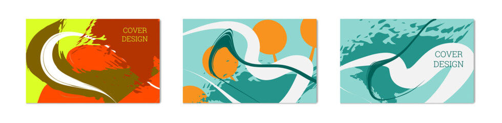 Paint strokes and geometric elements. Set of 3 multi-colored backgrounds. 