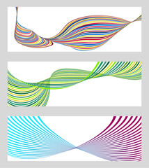 Wavy lines or ribbons. Set of 3 backgrounds. Multicolored striped gradient. Creative unusual background with abstract gradient wave lines to create a trendy banner, poster. vector