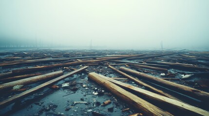 Wooden debris field scattered across a misty coastal landscape