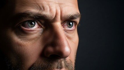 Obraz premium Intense close-up of a man's expressive eyes with furrowed brow on a dark background