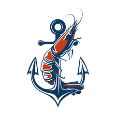 Illustration of a shrimp wrapped around an anchor, combining seafood and nautical elements in a creative marine-themed design. Suitable for seafood restaurants, fishing brands, coastal logos © ERRORAIDEM