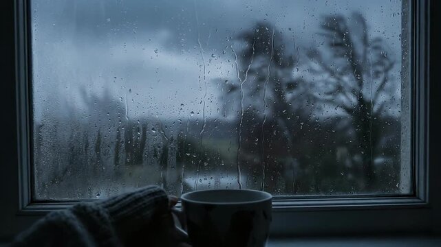Cozy moody view through window with rain storm drops on glass and hand holding hot tea cup, 4k