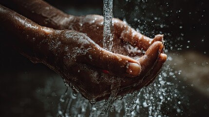 Fototapeta premium Water Flowing Over Hands in Dark Environment Creating Joyful and Refreshing Mood of Purity and Cleanliness