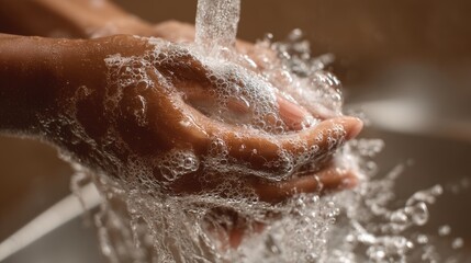 Fototapeta premium Hands Under Water Flow with Soap Bubbles Creating Cleanliness Concept in Domestic Sink Environment
