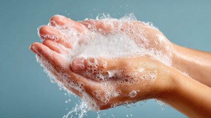 Fototapeta premium Close-Up of Clean Hands with Bubbles Demonstrating Hygiene and Freshness Against a Soft Blue Background