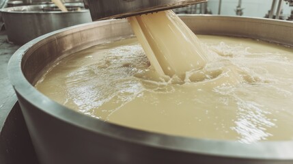 Industrial Process of Cheese Making with Freshly Curds Pouring into Large Stainless Steel Vat