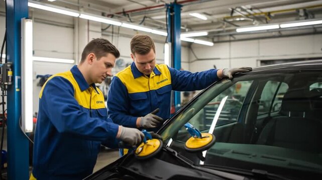 Two workers in blue and yellow uniforms using suction cups to work on a car windshield