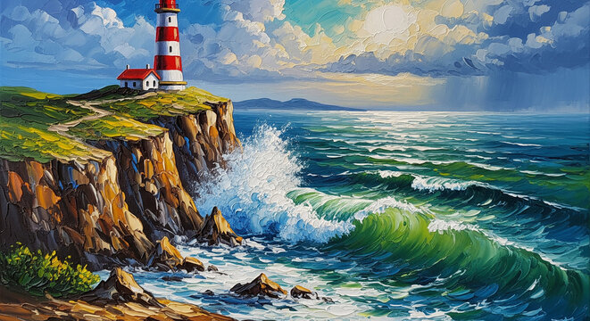 Red lighthouse on cliff with ocean view 3D oil art painting, 3D relief wallpaper for mural wall art, canvas print, wall decor painting design