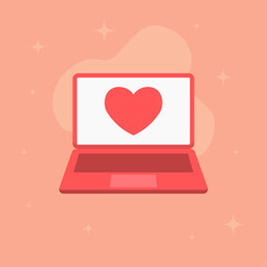 Valentine laptop love illustration. Open laptop device. Large heart display detail. Abstract rounded background shapes. Warm pastel romantic atmosphere.