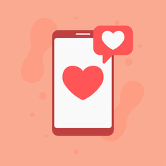 Valentine smartphone notification illustration. Smartphone icon. Floating heart message bubble detail. Soft abstract background shapes. Warm pink romantic atmosphere.