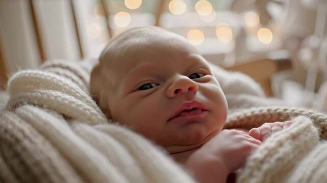 Adorable newborn baby relaxing in a cozy knitted blanket inside a crib looking at the camera with a gentle smile