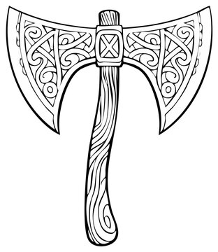 Stylized double bladed battle axe featuring intricate Celtic knotwork design on blades