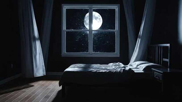 Moonlit bedroom with billowing sheer curtains, a lone bed, and a window framing night skies. tonight