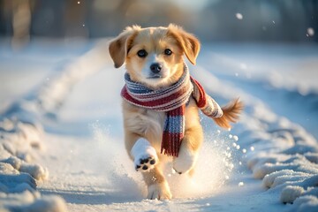 Puppy in scarf running through snow, leaving tiny footprints, sparkling frost