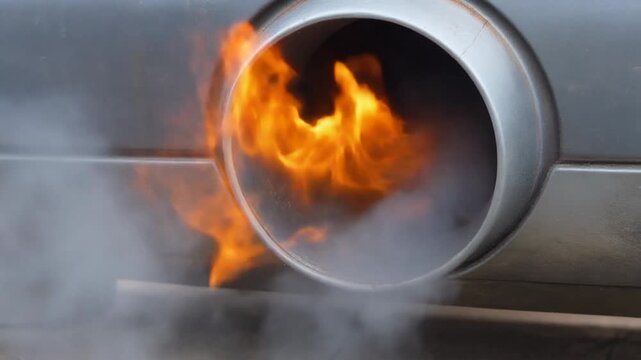 Close up of a car exhaust pipe spitting fire and smoke