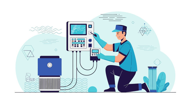 Technician configuring industrial water treatment system with digital controls ensuring optimal