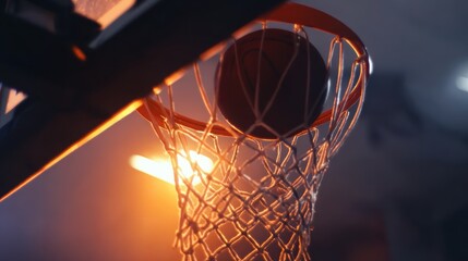 Banner sports tournament basketball, ball on dark background court, copy space, generative AI creation, suitable for sports, competition, or team theme designs.