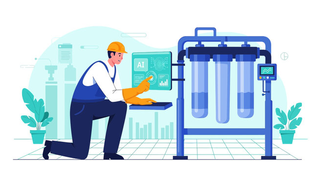 Technician using Artificial Intelligence for water purification system maintenance and monitoring