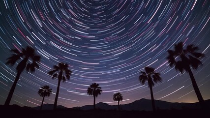 A silhouette of tropical palm trees stands against a sunset sky as the moon rises over a summer paradise beach landscape at dusk