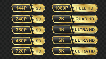Obraz premium A comprehensive set of gold and black labels illustrating various video resolutions and quality standards, from SD to 8K Ultra HD.