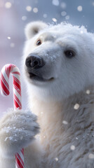 Christmas polar bear holding a candy cane in snow