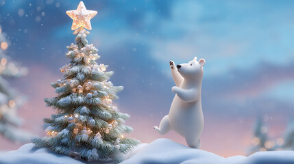 Dancing polar bear cub and snowy Christmas tree with star