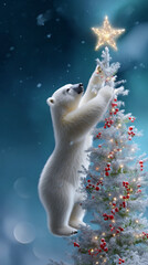Polar bear placing glowing star on a snowy Christmas tree