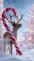 Young reindeer with a candy cane in a snowy festive forest