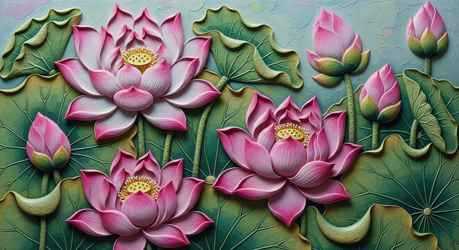 3D bas-relief art of blooming pink lotus flowers in ceramic style 3D oil art painting, 3D relief wallpaper for mural wall art, canvas print, wall decor painting design