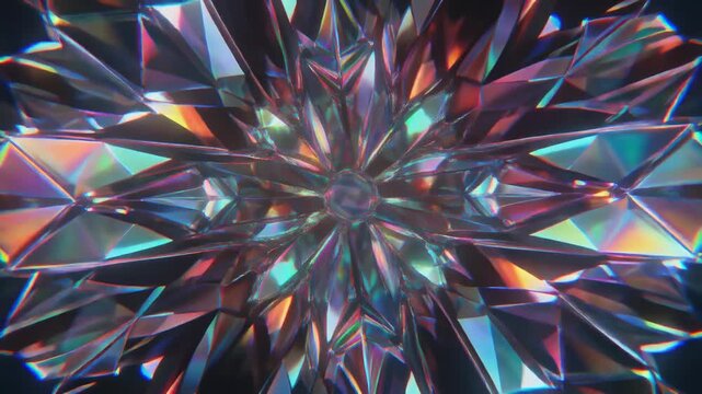 Mesmerizing diamond kaleidoscope abstract background animation with sparkling light reflections and dynamic colorful refracted patterns ideal for luxury concepts